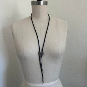 Vintage Black Leather Bolo Tie With Natural Stone Slide Western Southwestern